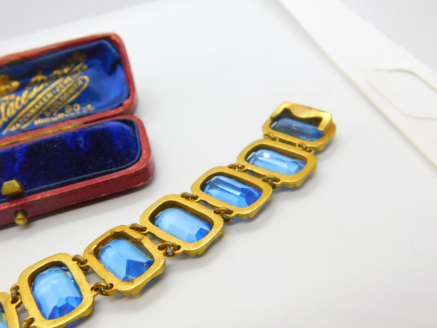 Victorian Yellow Metal & Large Blue Emerald Cut Paste Stone Panel Bracelet c1900