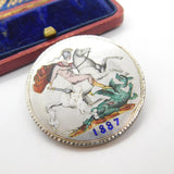 Victorian Sterling Silver & Enamel Crown Coin Brooch Antique 1887 Jubilee