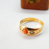 Victorian 18ct Yellow Gold, Seed Pearl & Coral Boat Ring c1880 Antique Size P UK