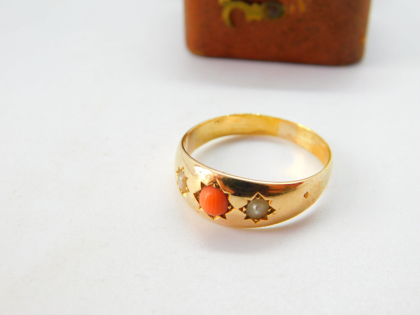 Victorian 18ct Yellow Gold, Seed Pearl & Coral Boat Ring c1880 Antique Size P UK