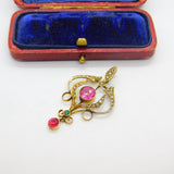 Edwardian 9ct Gold, Seed Pearl & Pink-Green Paste Lavalier Drop Pendant Antique