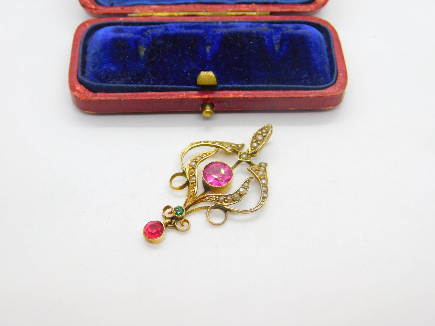 Edwardian 9ct Gold, Seed Pearl & Pink-Green Paste Lavalier Drop Pendant Antique