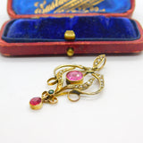 Edwardian 9ct Gold, Seed Pearl & Pink-Green Paste Lavalier Drop Pendant Antique