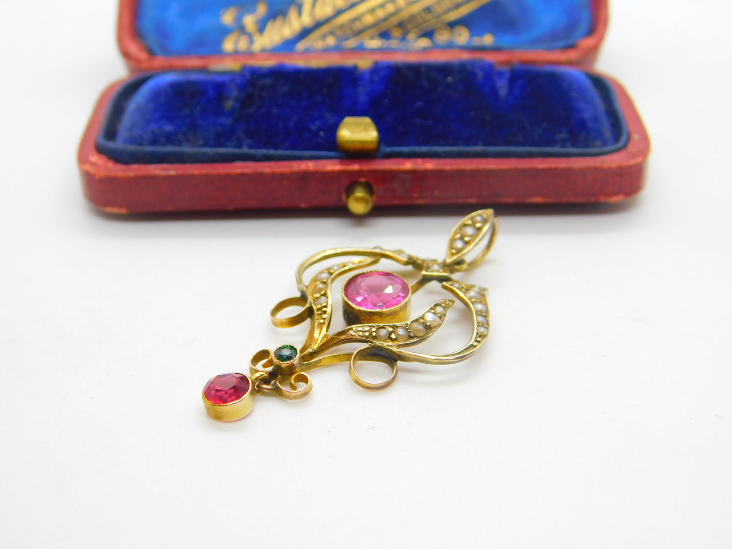 Edwardian 9ct Gold, Seed Pearl & Pink-Green Paste Lavalier Drop Pendant Antique