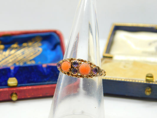 Victorian 15ct Yellow Gold Red Coral & Amethyst Boat Ring Antique 1866