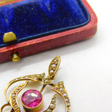 Edwardian 9ct Gold, Seed Pearl & Pink-Green Paste Lavalier Drop Pendant Antique