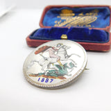Victorian Sterling Silver & Enamel Crown Coin Brooch Antique 1887 Jubilee