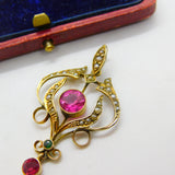Edwardian 9ct Gold, Seed Pearl & Pink-Green Paste Lavalier Drop Pendant Antique