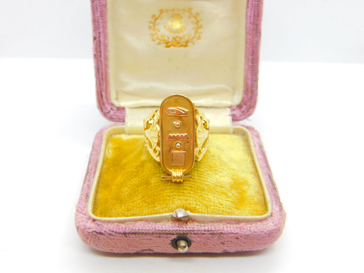 Egyptian 21ct Yellow Gold Hieroglyphics Signet Ring Antique c1920 Art Deco