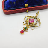 Edwardian 9ct Gold, Seed Pearl & Pink-Green Paste Lavalier Drop Pendant Antique