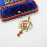 Edwardian 9ct Gold, Seed Pearl & Pink-Green Paste Lavalier Drop Pendant Antique