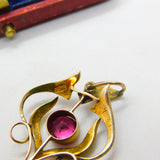 Edwardian 9ct Gold, Seed Pearl & Pink-Green Paste Lavalier Drop Pendant Antique