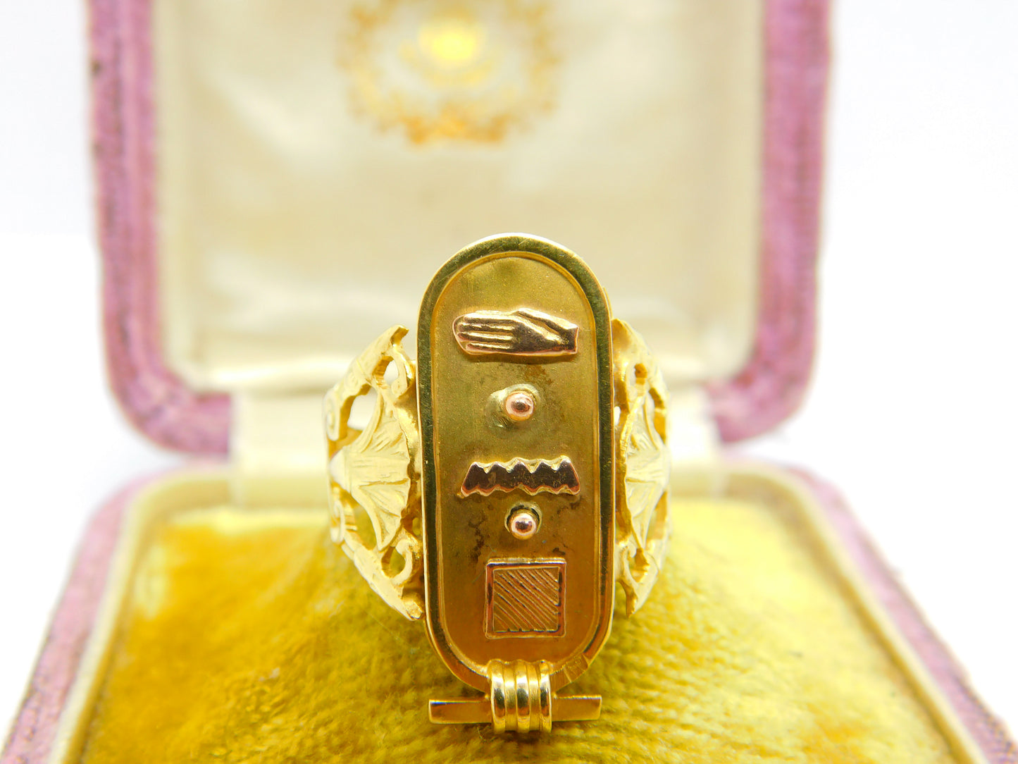 Egyptian 21ct Yellow Gold Hieroglyphics Signet Ring Antique c1920 Art Deco