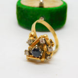 18ct Yellow Gold, Sapphire & Diamond Modernist Statement Ring Antique c1930