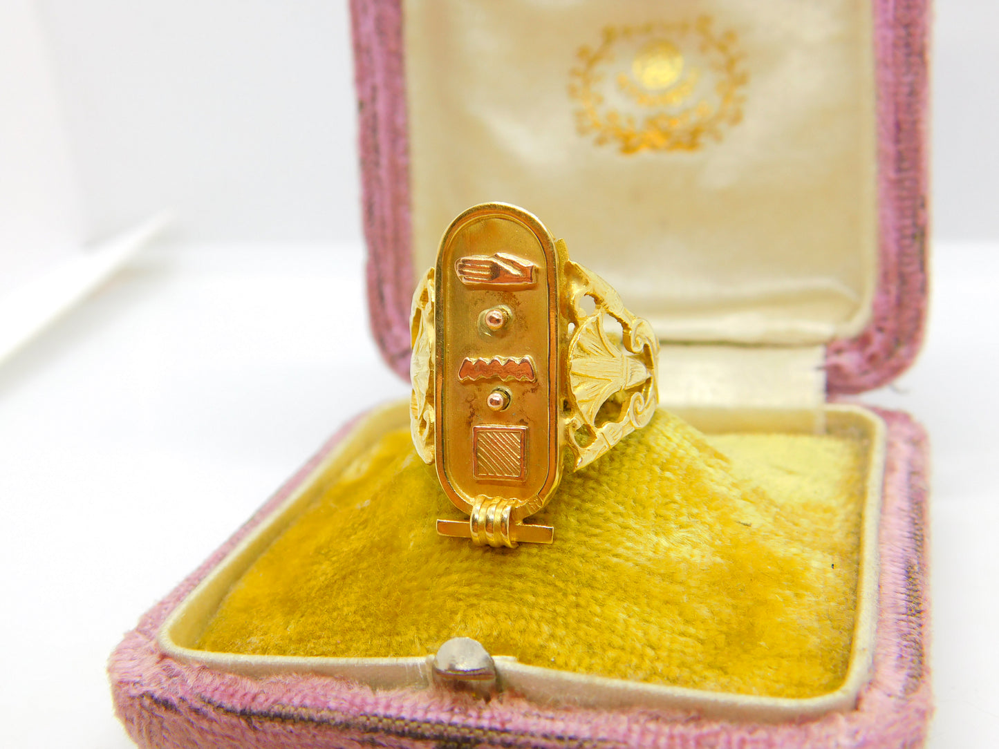 Egyptian 21ct Yellow Gold Hieroglyphics Signet Ring Antique c1920 Art Deco