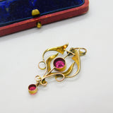 Edwardian 9ct Gold, Seed Pearl & Pink-Green Paste Lavalier Drop Pendant Antique