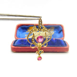 Edwardian 9ct Gold, Seed Pearl & Pink-Green Paste Lavalier Drop Pendant Antique