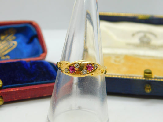 Victorian 18ct Yellow Gold Ruby & Diamond Dress Ring Antique c1890