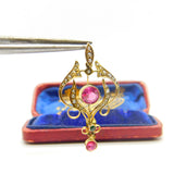 Edwardian 9ct Gold, Seed Pearl & Pink-Green Paste Lavalier Drop Pendant Antique