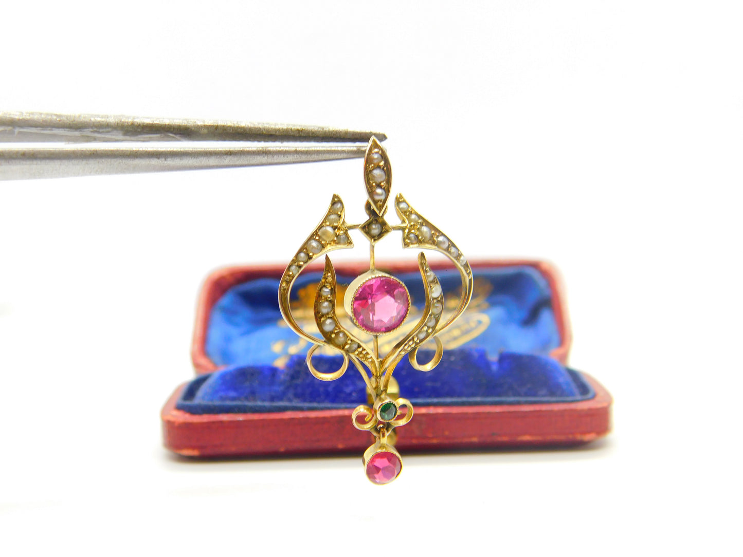 Edwardian 9ct Gold, Seed Pearl & Pink-Green Paste Lavalier Drop Pendant Antique