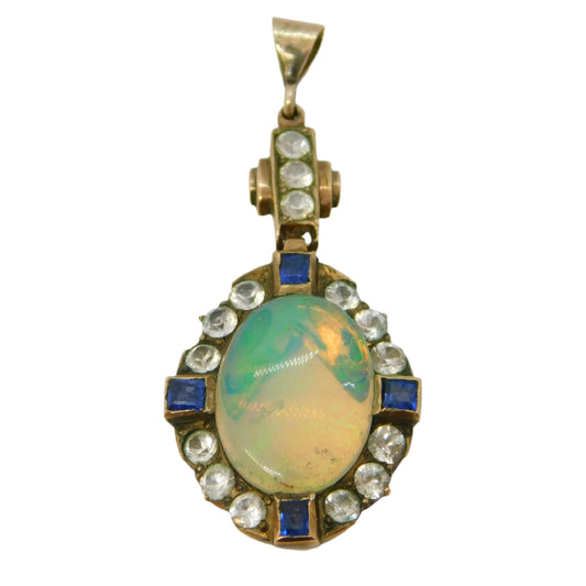 19th Century 14ct Gold, Blue & White Sapphire, Water Opal Drop Pendant Antique c1890