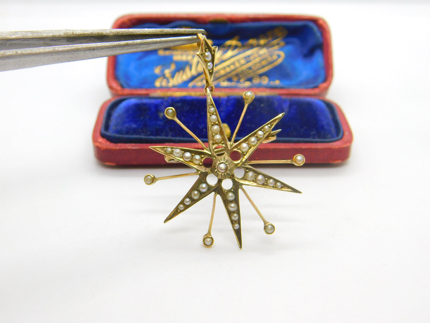 9ct Yellow Gold & Seed Pearl Set Starburst Pendant Antique 1915 Birmingham Deco