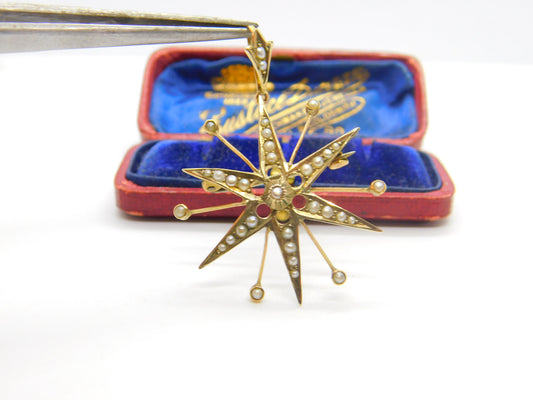 9ct Yellow Gold & Seed Pearl Set Starburst Pendant Antique 1915 Birmingham Deco