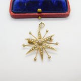 9ct Yellow Gold & Seed Pearl Set Starburst Pendant Antique 1915 Birmingham Deco