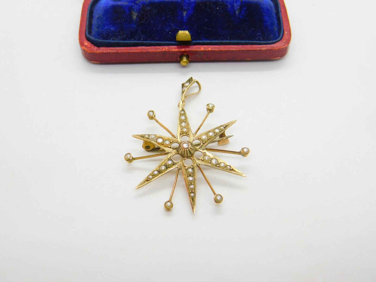 9ct Yellow Gold & Seed Pearl Set Starburst Pendant Antique 1915 Birmingham Deco