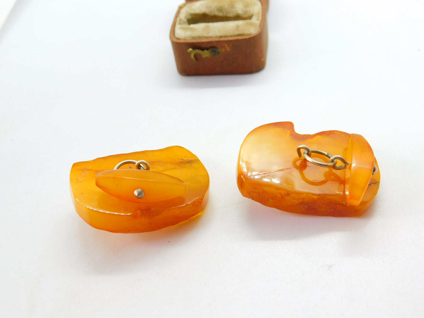 Pair of Carved Natural Baltic Amber & Sterling Silver Statement Cufflinks c1920