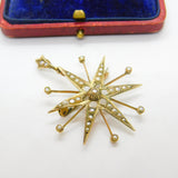 9ct Yellow Gold & Seed Pearl Set Starburst Pendant Antique 1915 Birmingham Deco