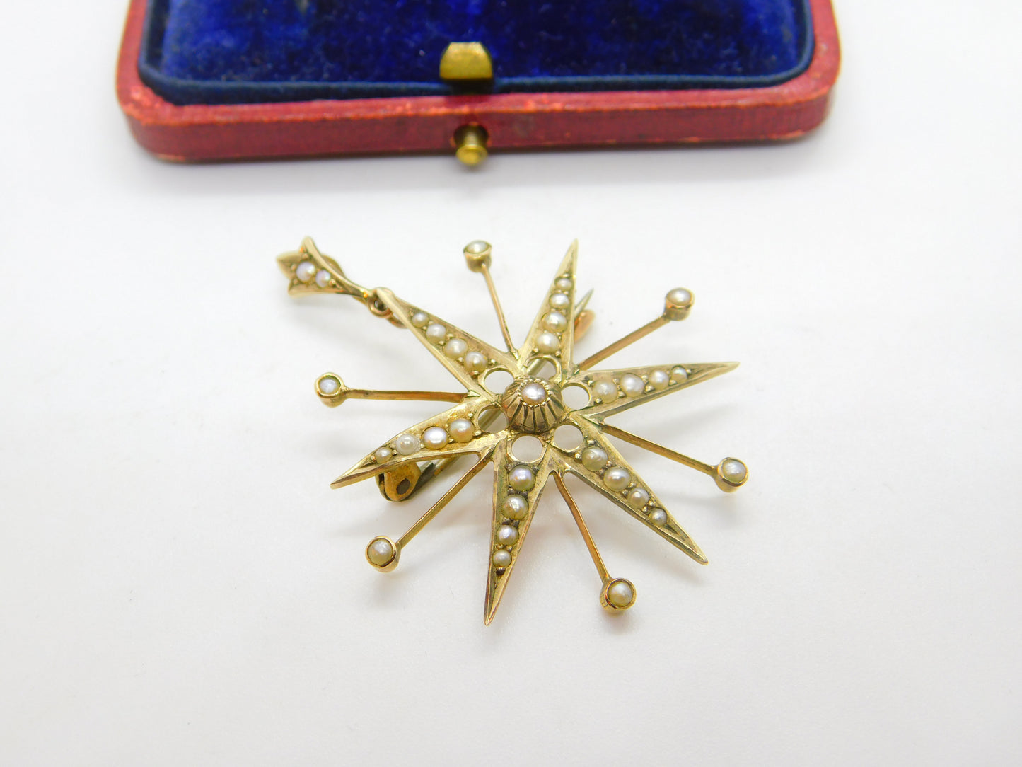 9ct Yellow Gold & Seed Pearl Set Starburst Pendant Antique 1915 Birmingham Deco