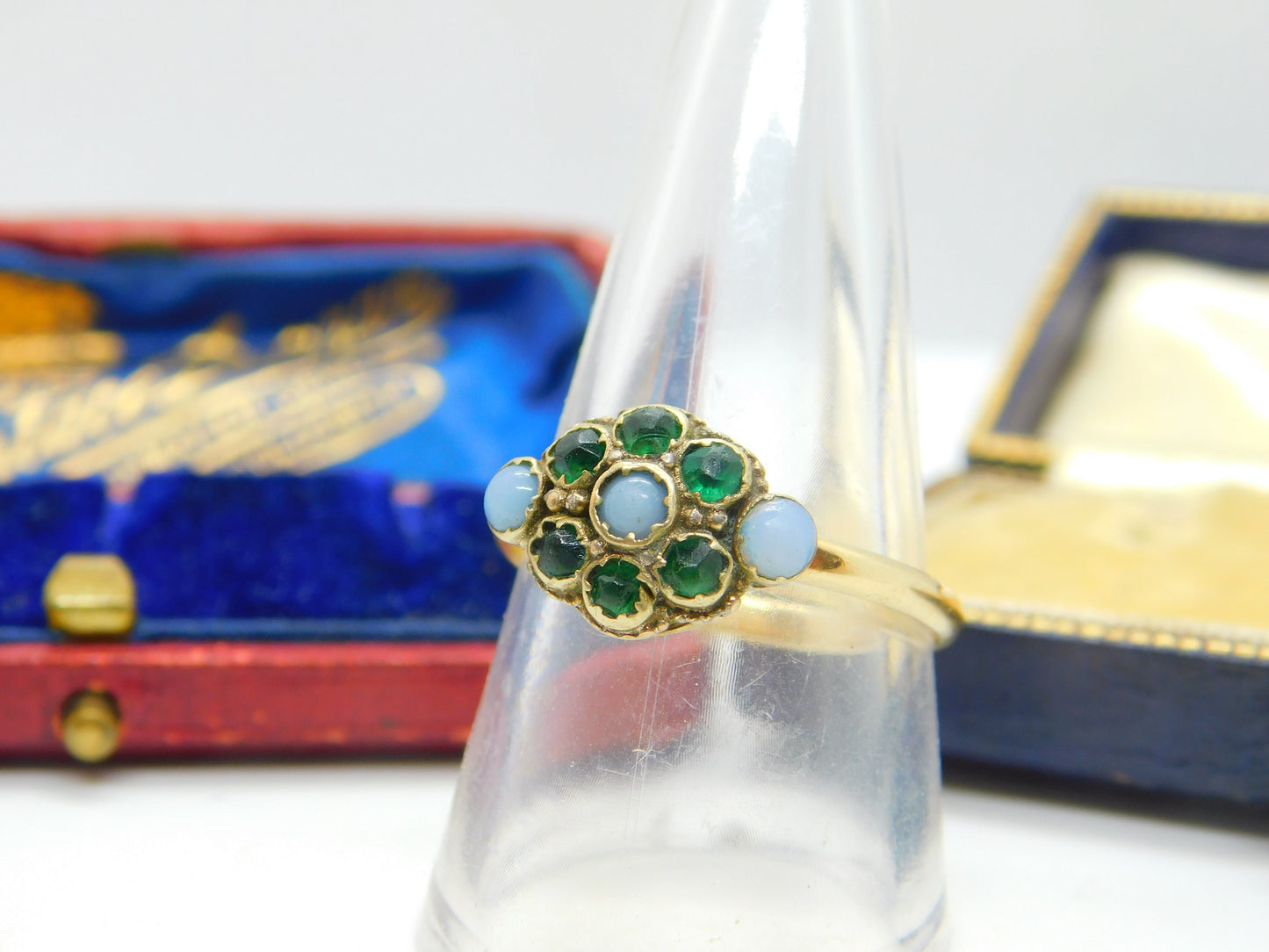 Victorian 9ct Yellow Gold Moonstone & Emerald Paste Floral Ring Antique c1890