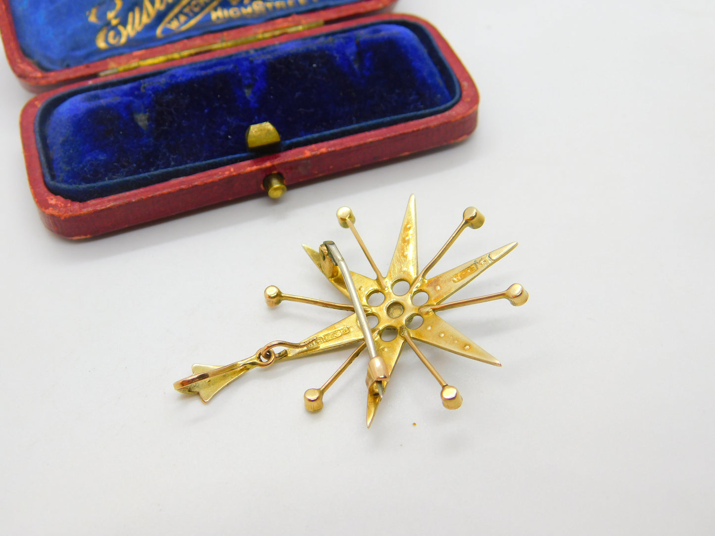 9ct Yellow Gold & Seed Pearl Set Starburst Pendant Antique 1915 Birmingham Deco