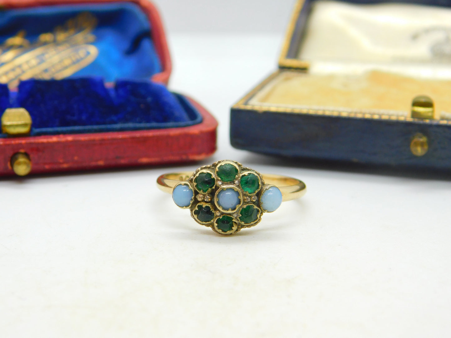 Victorian 9ct Yellow Gold Moonstone & Emerald Paste Floral Ring Antique c1890