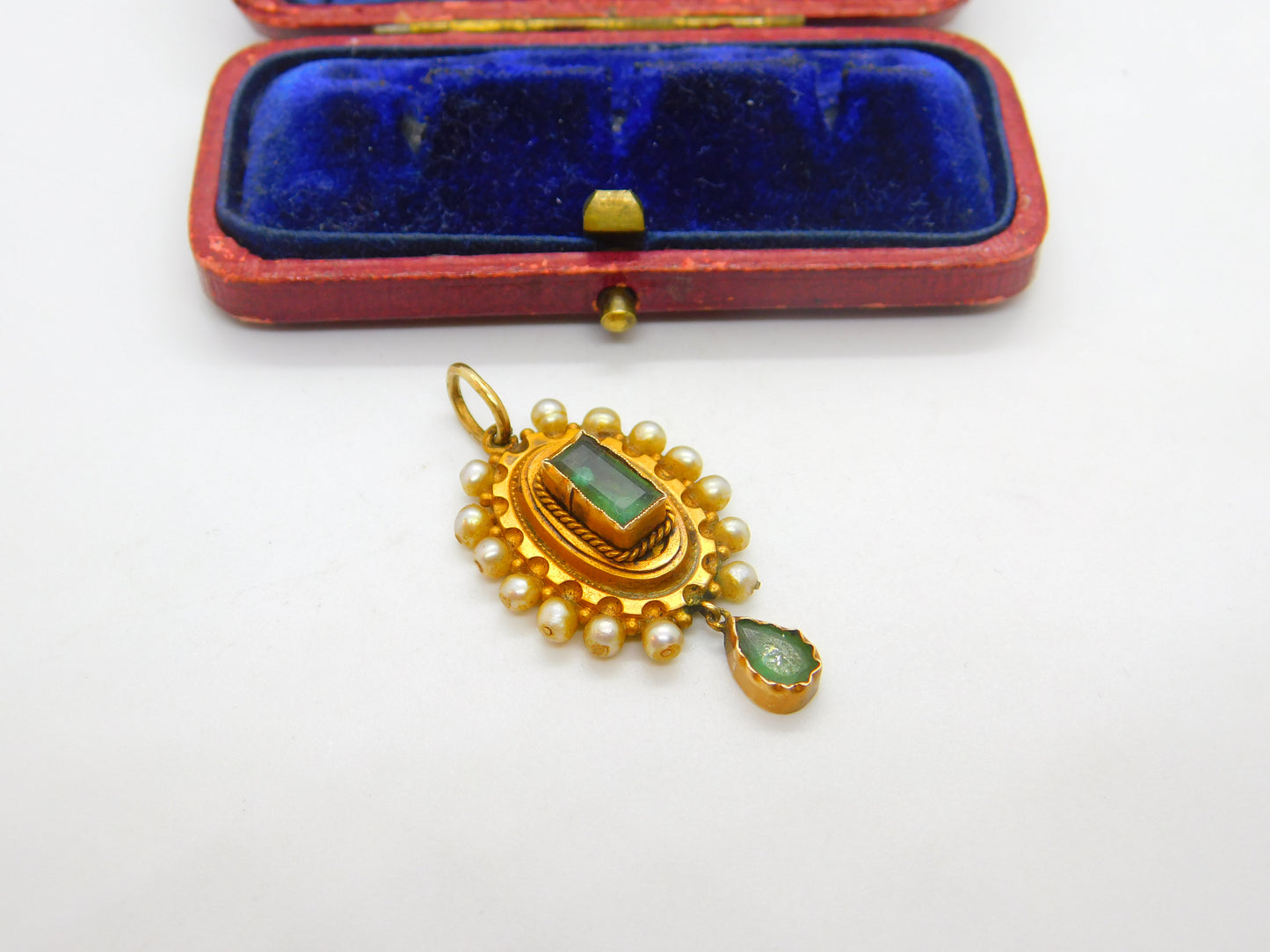 Early Victorian 18ct Gold, Pearl & Columbian Emerald Drop Pendant c1840 Antique