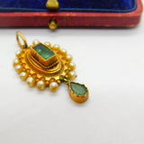 Early Victorian 18ct Gold, Pearl & Columbian Emerald Drop Pendant c1840 Antique