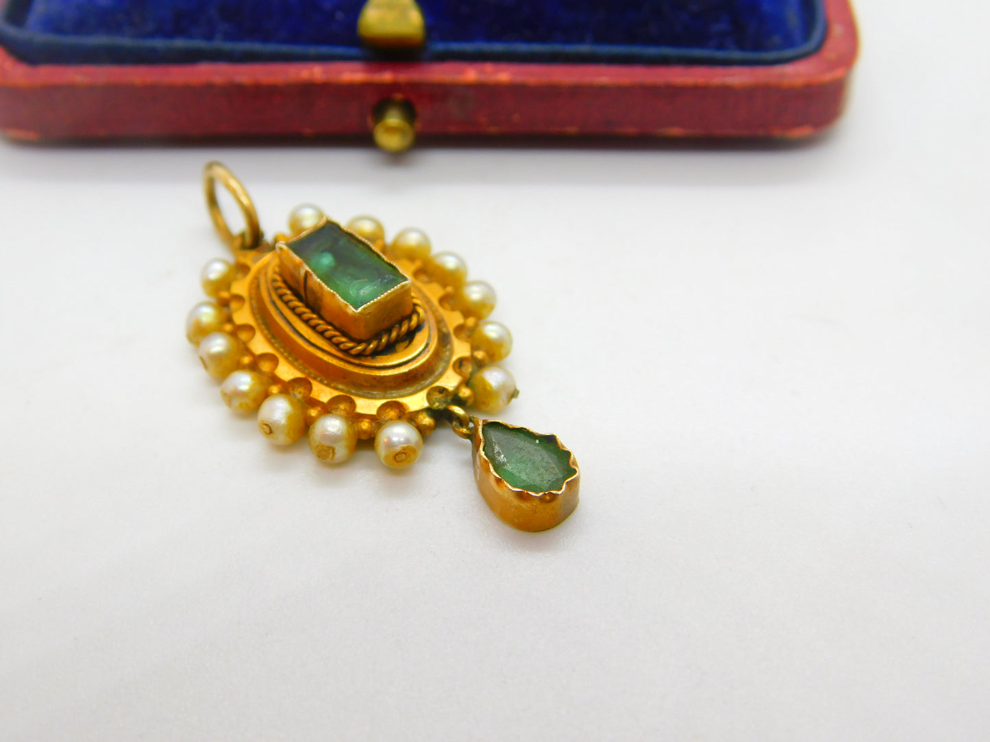 Early Victorian 18ct Gold, Pearl & Columbian Emerald Drop Pendant c1840 Antique