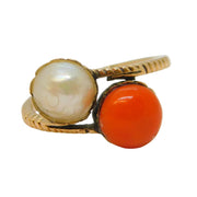 George III 14ct Gold, Natural Pearl & Coral Crossover Dress Ring Antique c1820s