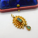 Early Victorian 18ct Gold, Pearl & Columbian Emerald Drop Pendant c1840 Antique