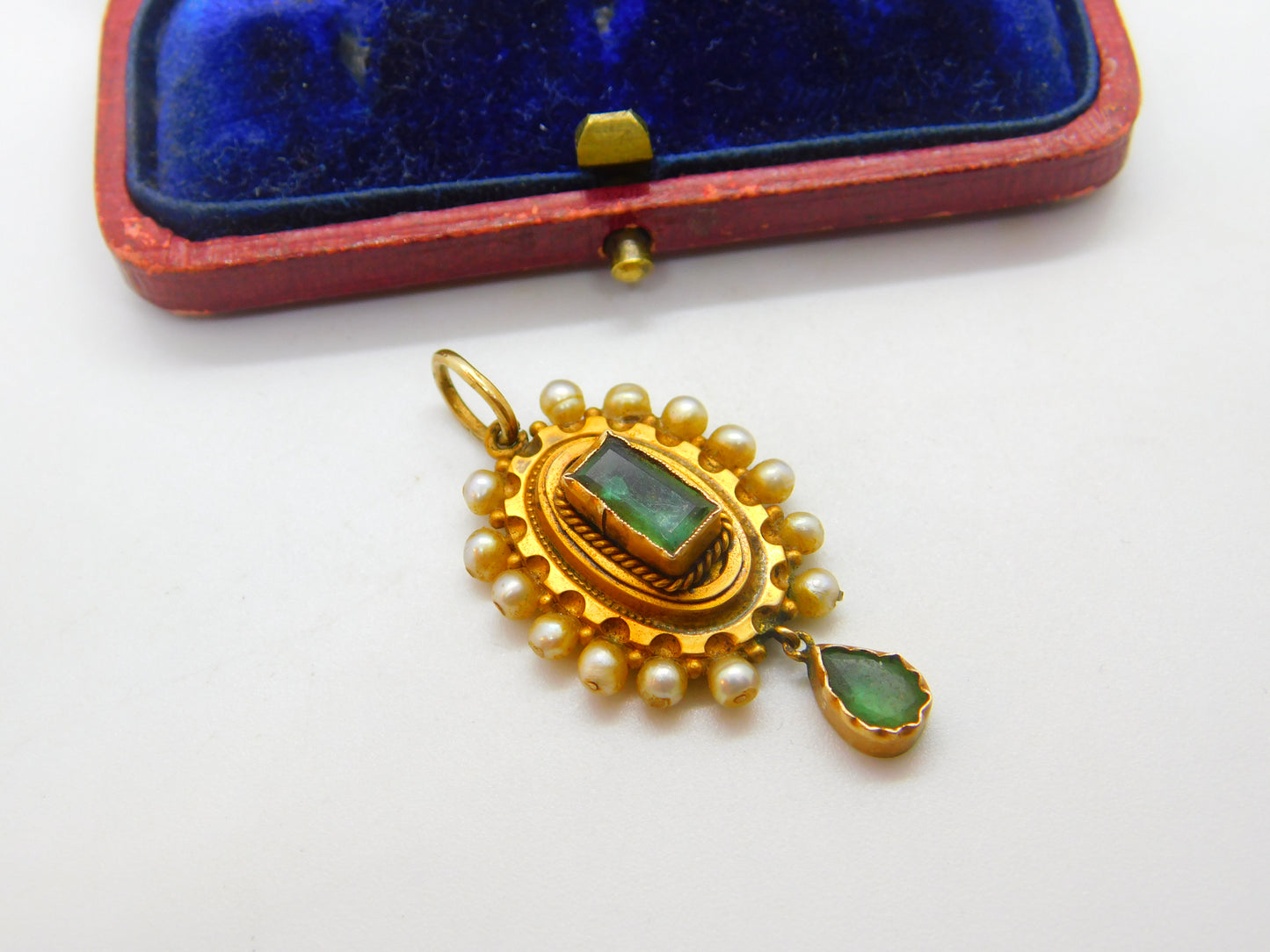 Early Victorian 18ct Gold, Pearl & Columbian Emerald Drop Pendant c1840 Antique