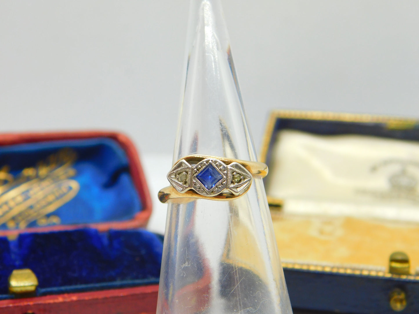 9ct Yellow Gold Diamond & Sapphire True Deco Dress Ring Antique c1930