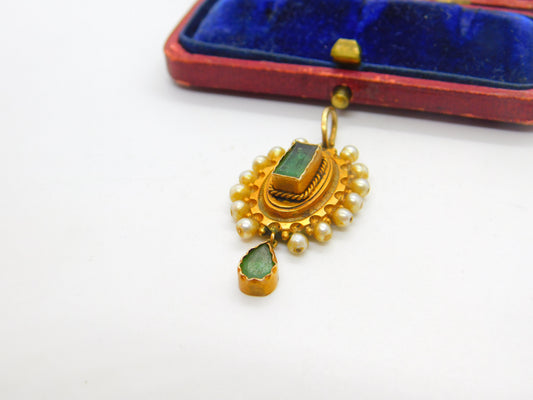 Early Victorian 18ct Gold, Pearl & Columbian Emerald Drop Pendant c1840 Antique