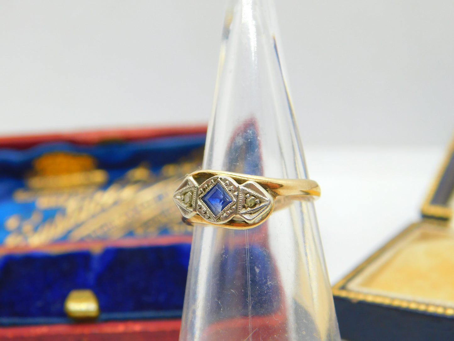 9ct Yellow Gold Diamond & Sapphire True Deco Dress Ring Antique c1930