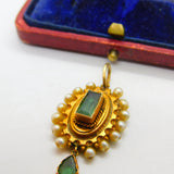 Early Victorian 18ct Gold, Pearl & Columbian Emerald Drop Pendant c1840 Antique