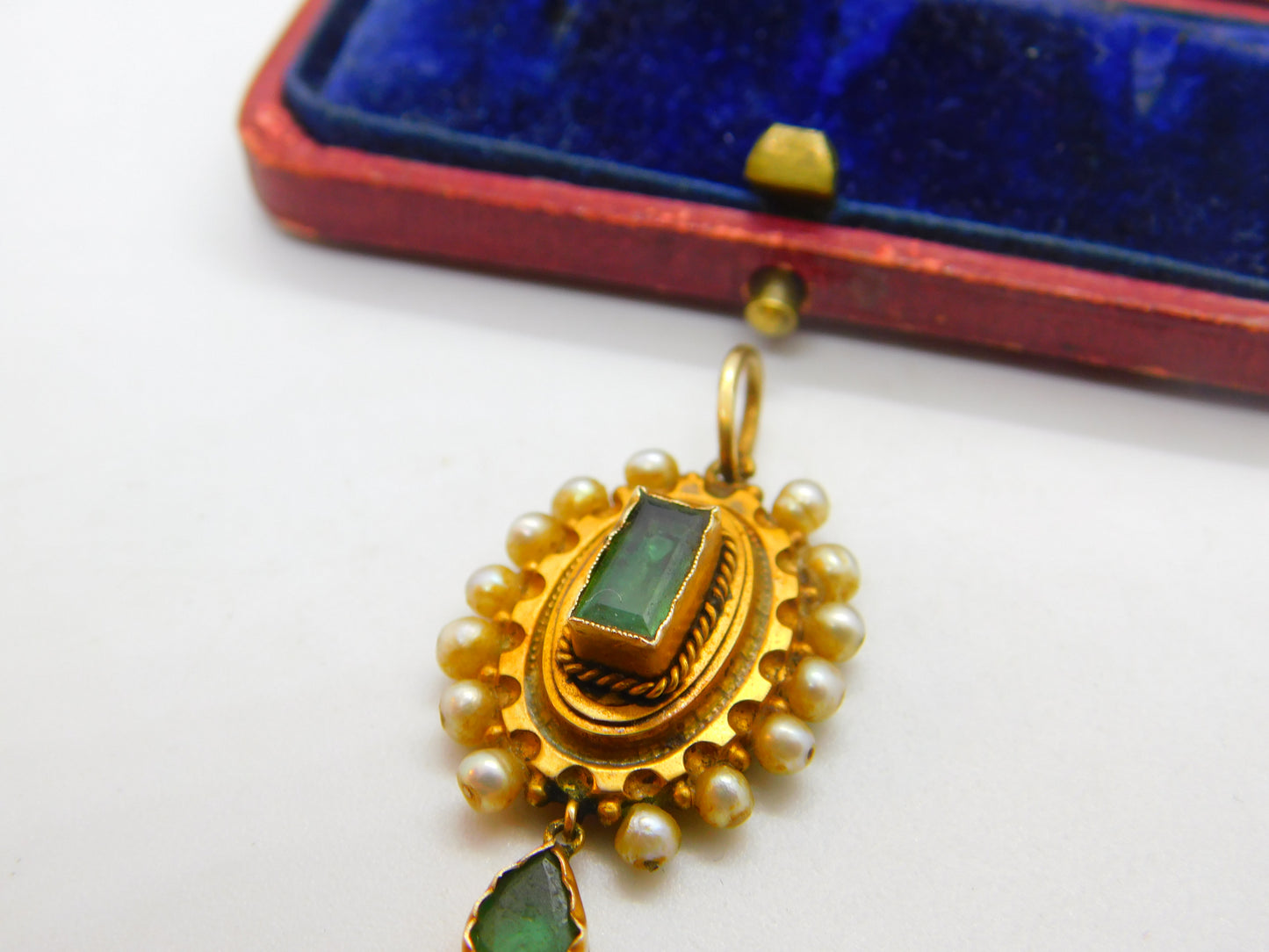 Early Victorian 18ct Gold, Pearl & Columbian Emerald Drop Pendant c1840 Antique