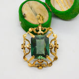 14ct Yellow Gold Emerald Cut Green Paste Large Drop Pendant Antique c1920 Deco