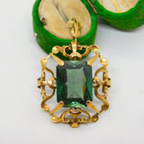 14ct Yellow Gold Emerald Cut Green Paste Large Drop Pendant Antique c1920 Deco
