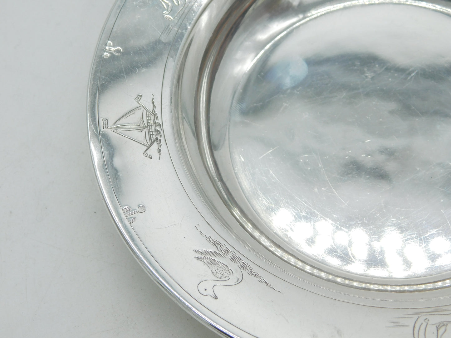 Sterling Silver Child's Pictorial Christening Plate Antique 1935 Birmingham Deco