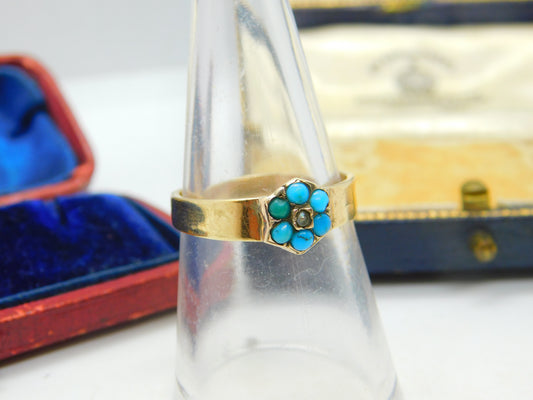 10ct Gold Turquoise & Seed Pearl Set Floral Cluster Ring Antique c1900 Victorian